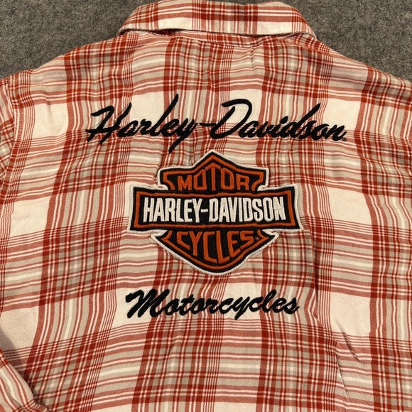 Harley Davidson Shirt Womens 2W Orange Plaid Embroidered Logo Flannel Biker Moto - Picture 12 of 14